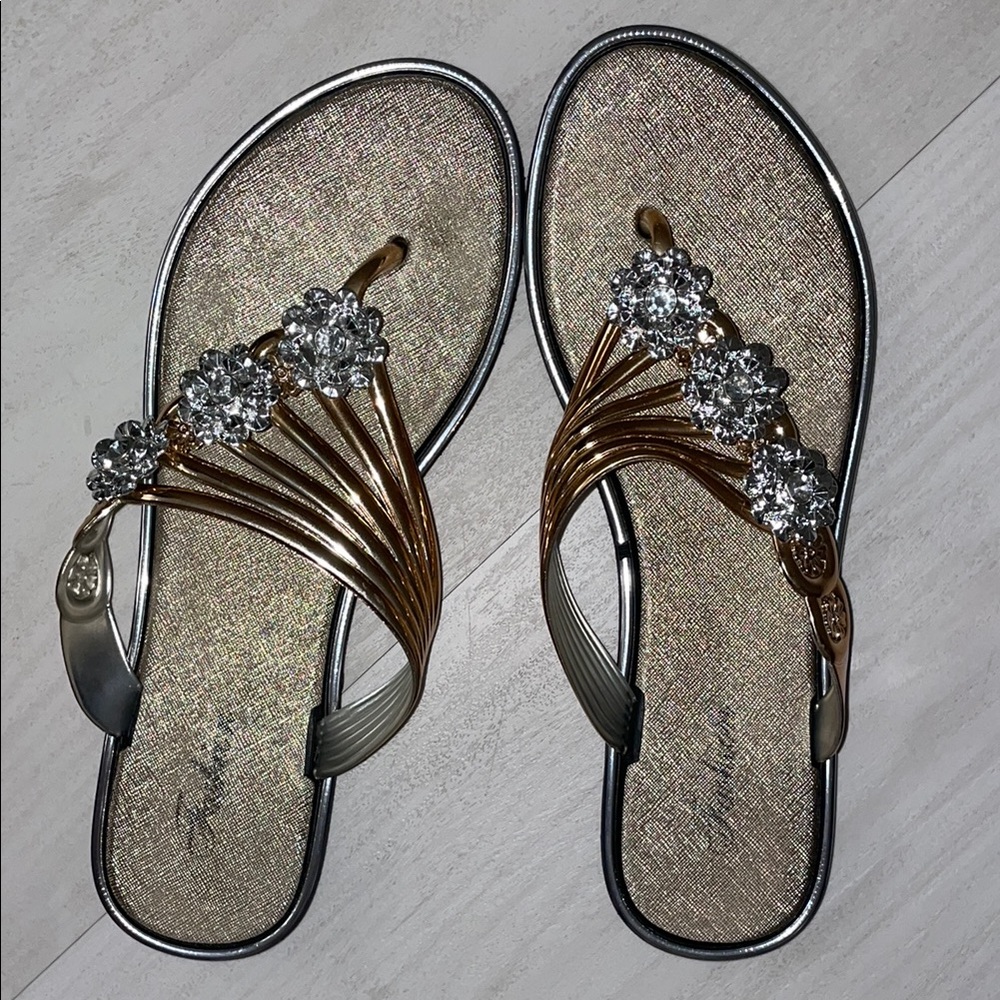 Fashion Nova Silver and Gold Sandals with Rhinestone Embellishments